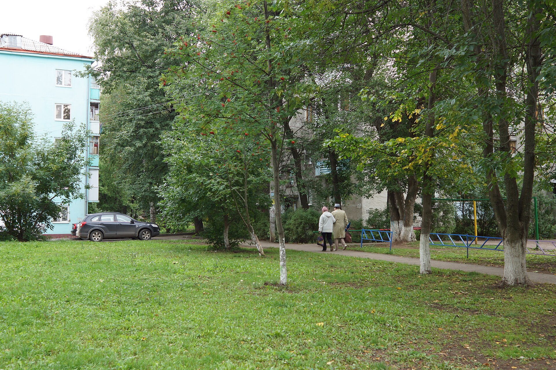 Двор многоквартирного дома с высокими деревьями и дорожками